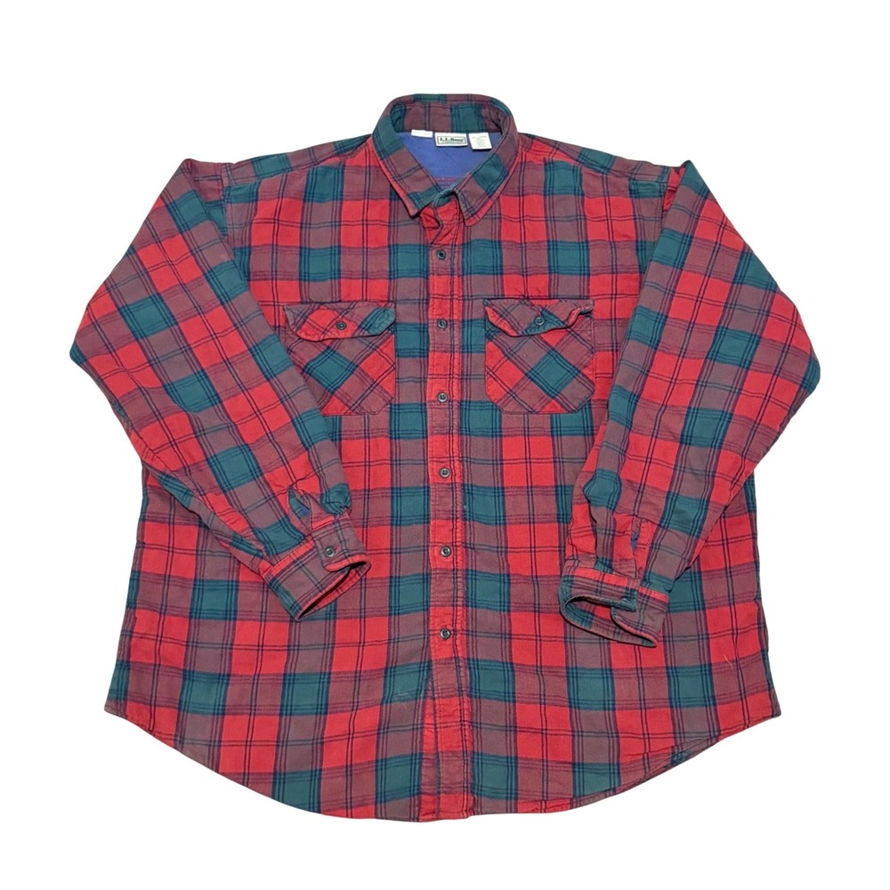 LL Bean Timberline Flannel Shirt Jacket XXL Tall Red Green Plaid Quilted Lined